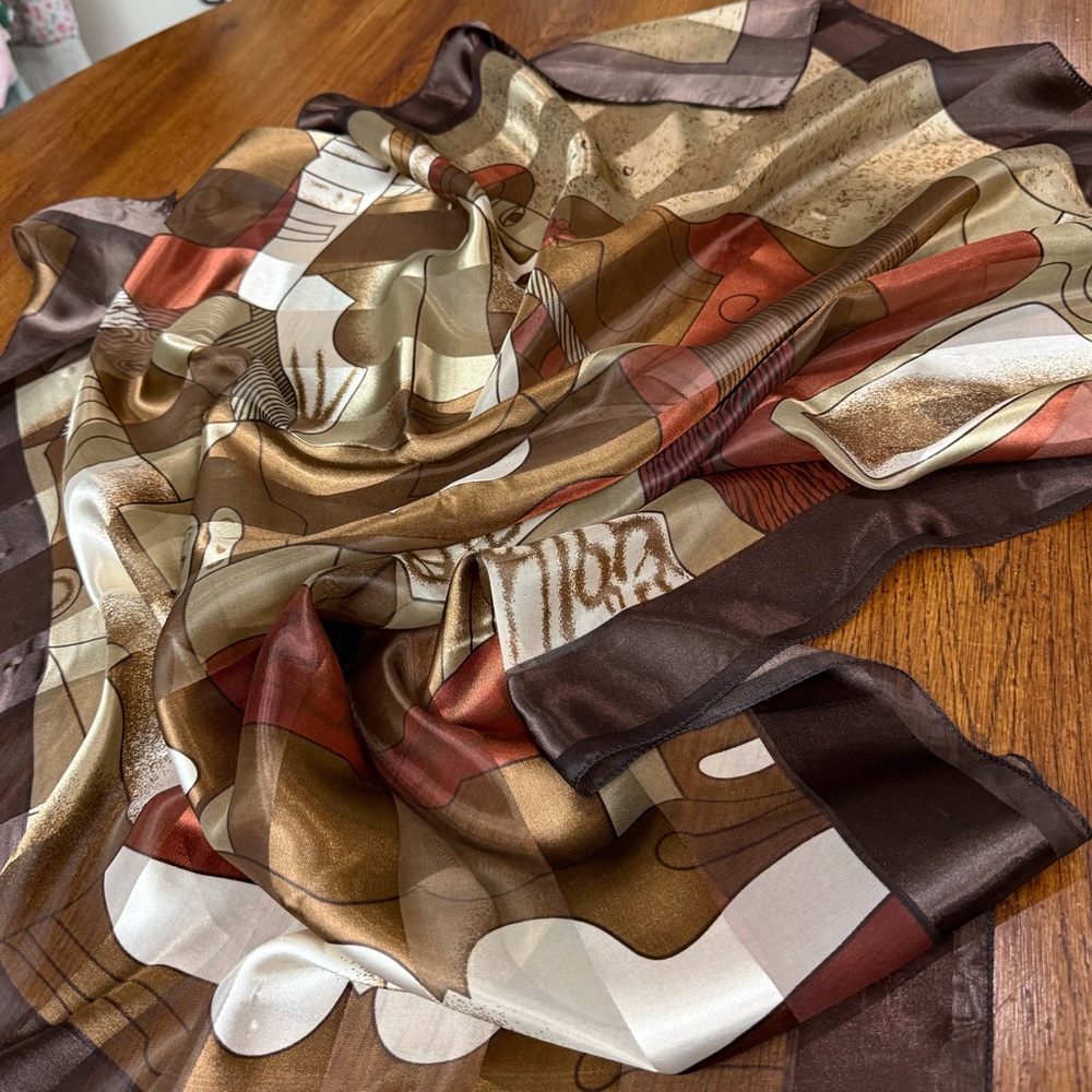 Vintage Picasso Abstract Silk Scarf Brown Earth Tones Large Semi Sheer Abstract - Picture 9 of 9